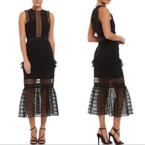 Self-Portrait Sleeveless Mesh Ruffle-Trim Column Midi Dress